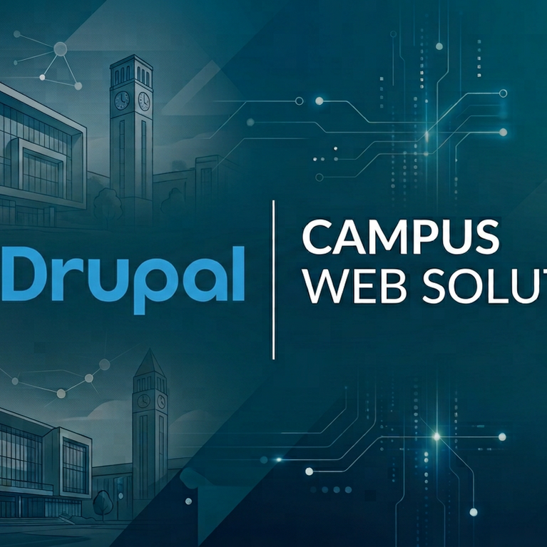 Graphic: Drupal logo, "Campus Web Solutions" text, stylized campus buildings.