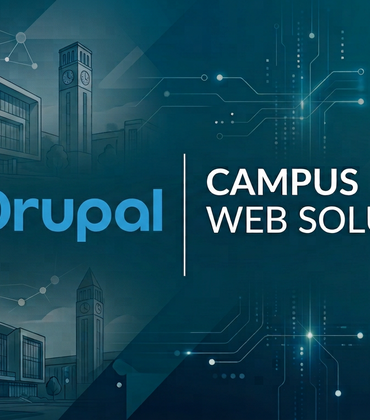 Graphic: Drupal logo, "Campus Web Solutions" text, stylized campus buildings.
