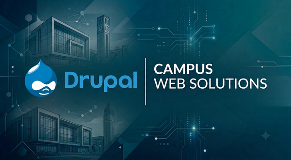 Graphic: Drupal logo, "Campus Web Solutions" text, stylized campus buildings.