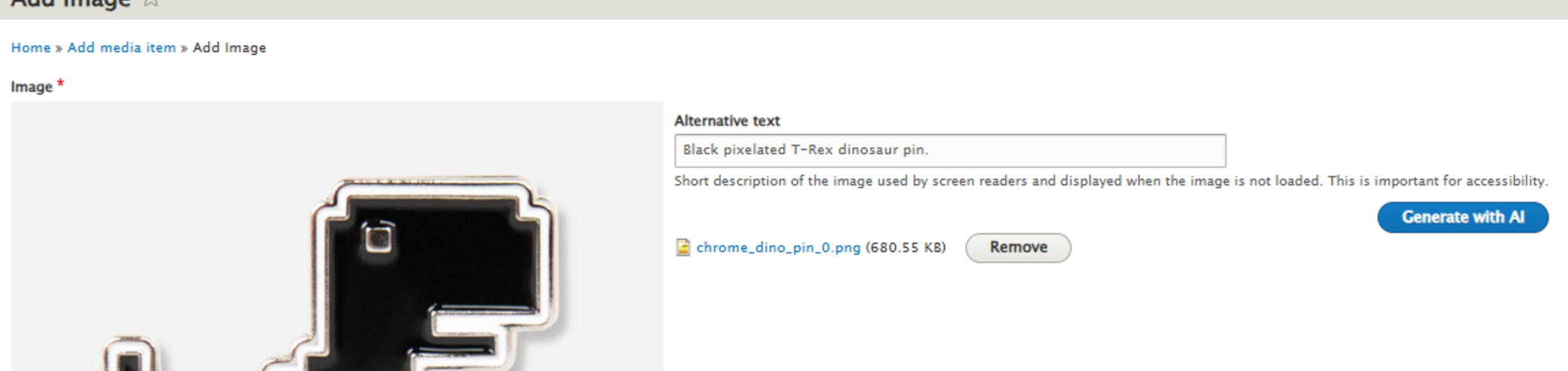 Black pixelated T-Rex dinosaur pin.