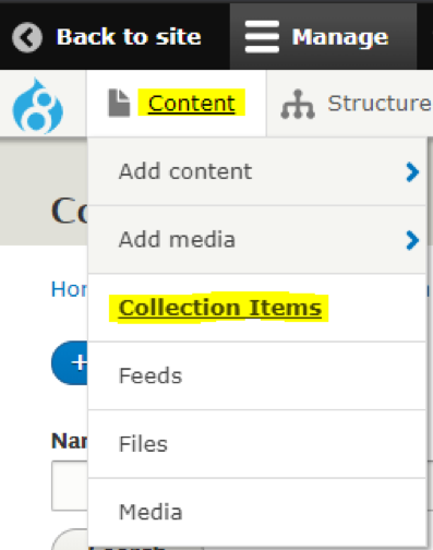 screenshot of content collection items