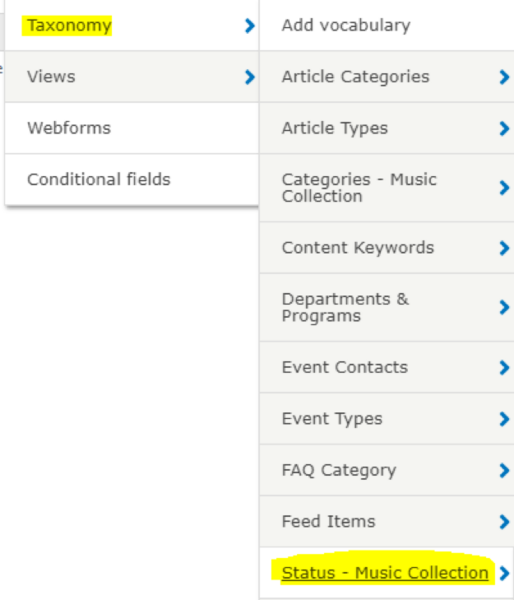 screenshot of Taxonomy status for collection group