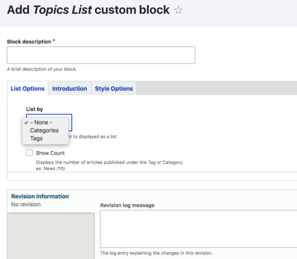 topics list custom block options