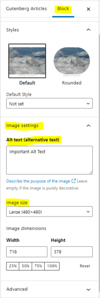 GB Image settings