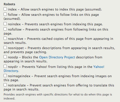robots options for indexing content