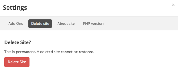 Pantheon delete site screen