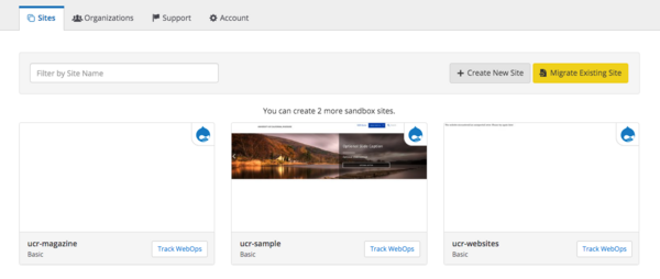 Pantheon dashboard site listing