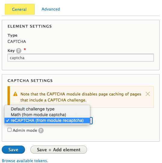 element settings for captcha