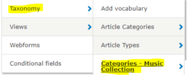 screenshot of taxonomy categories for collection
