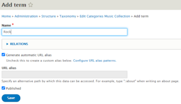 screenshot of collection categories adding term