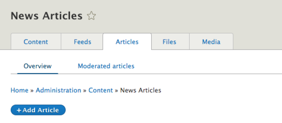 Articles tab in Content