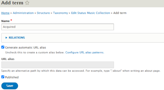 screenshot of adding term to collection taxonomy for status