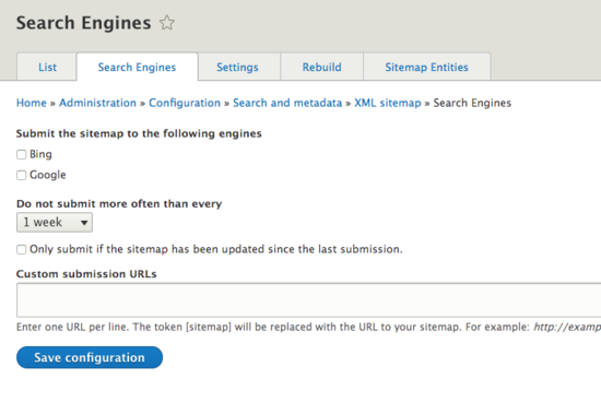 sitemap search engines configurations