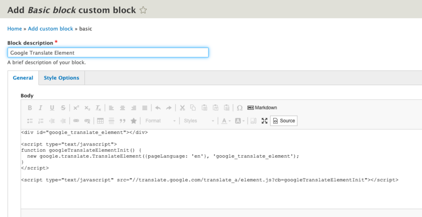Add basic block with source code for google translate element