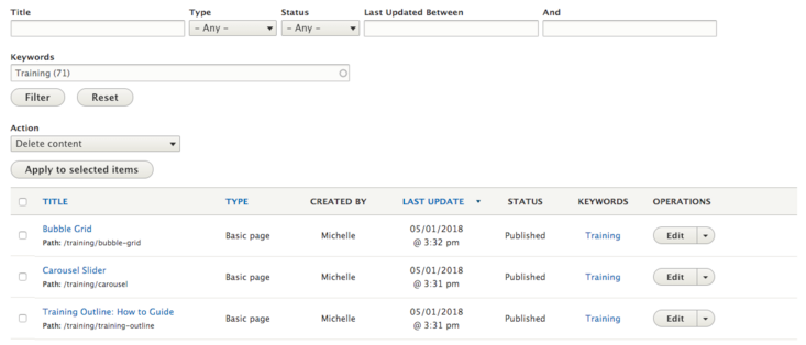 content keywords search training screenshot Content Keywords search training